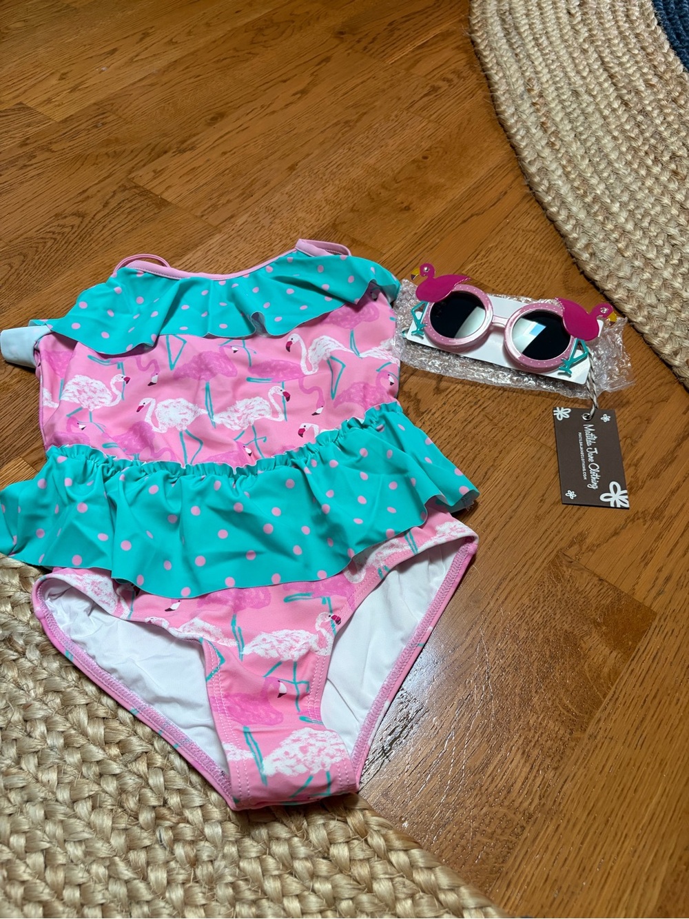 Matilda Jane Pink Flamingo One-Piece Swimsuit with Teal Ruffle & sunglasses